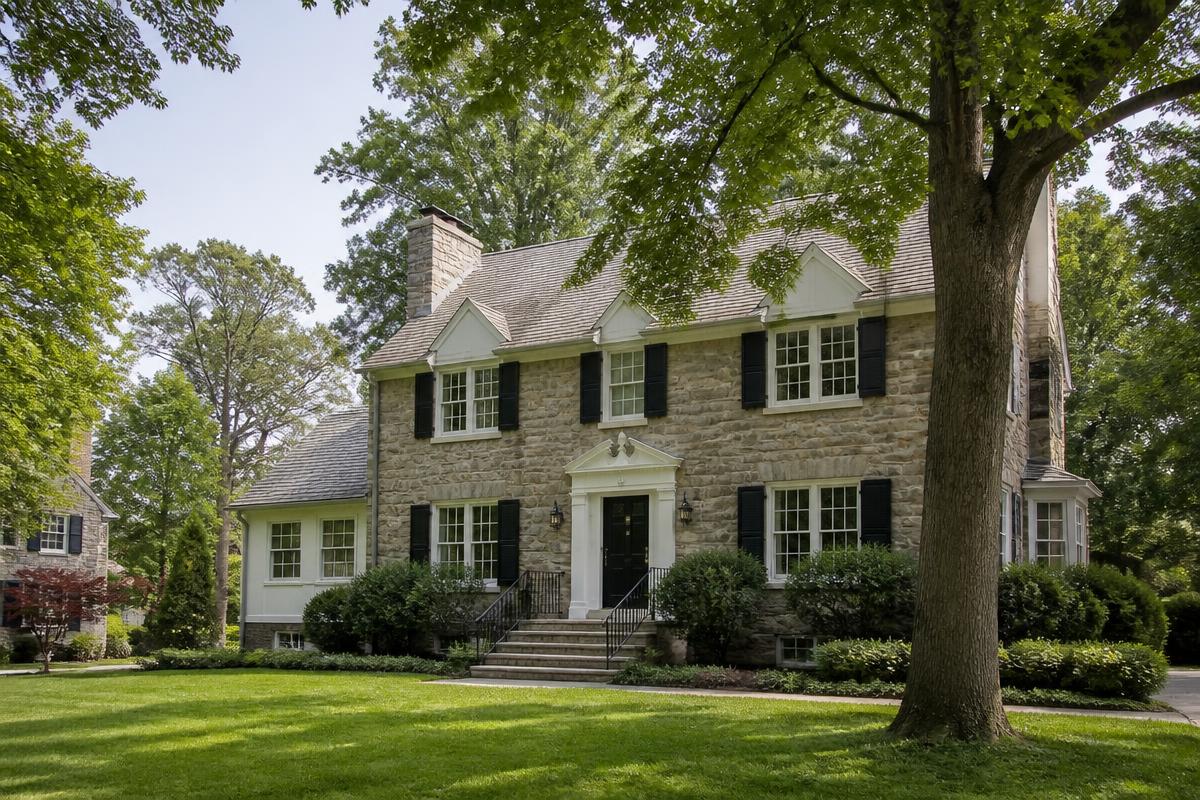Stone-facade single-family home on a tree-lined Chester County street