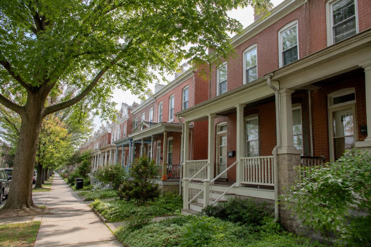 Tree-lined Harrisburg street of brick townhouses with front porches
