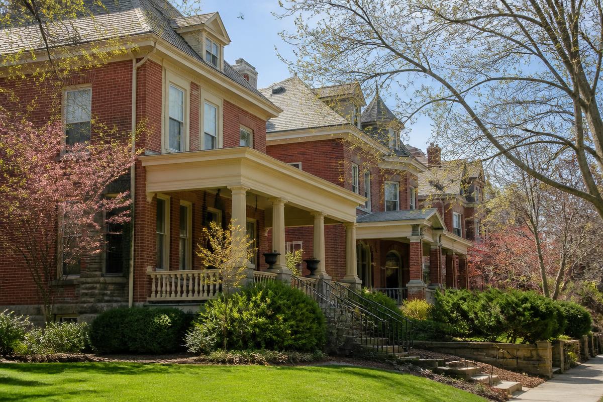 Historic brick homes with large porches on a York, Pennsylvania street
